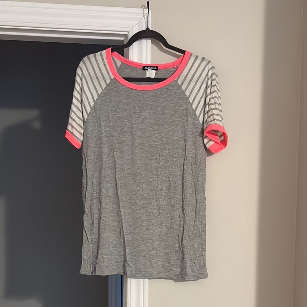 Gray and Pink Striped Raglan T-Shirt